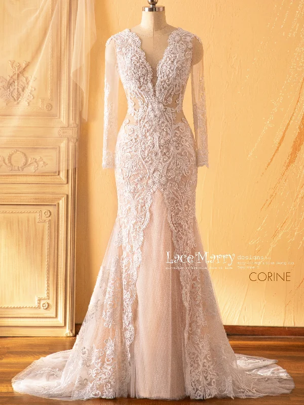 Elegant Dress CORINE / Lace Wedding Dress with Illusion Slit on the Skirt
