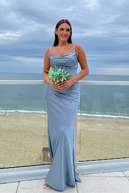 Gold Embroidered Dress Cowl Neck Dusty Blue Long Bridesmaid Dress