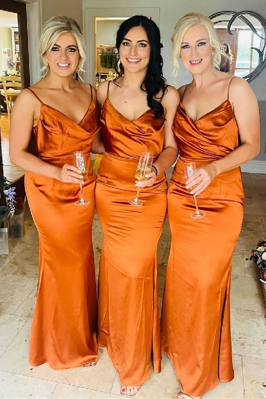 Satin Dress Cowl Neck Straps Pumpkin Mermaid Bridesmaid Dress