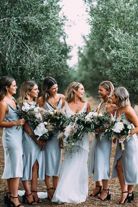 Minimalist Gown Cowl Neck Tea Length Baby Blue Bridesmaid Dress with Slit