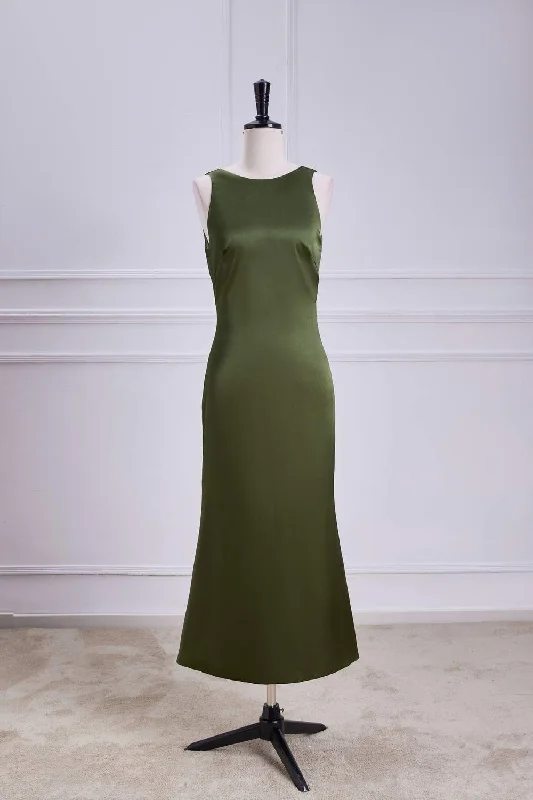 Scalloped Edge Dress Crew Neck Olive Green Tie Straps Midi Dress