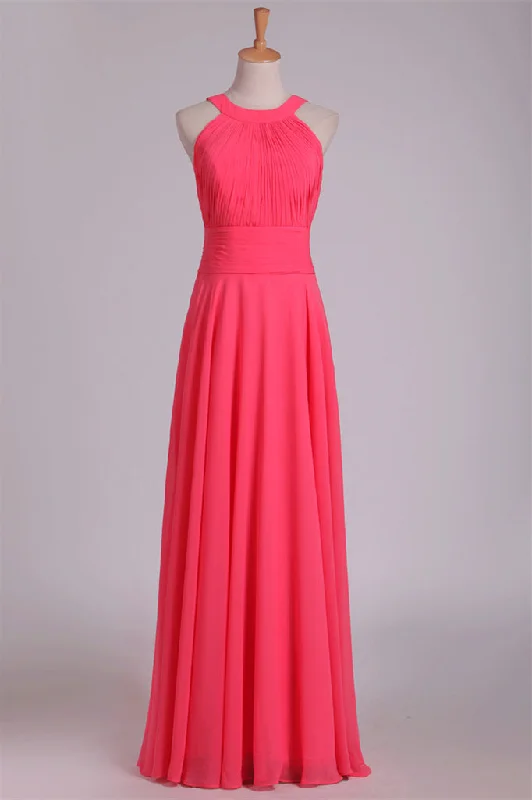 Asymmetrical Hem Dress Crew Neck Watermelon Chiffon Long Bridesmaid Dress