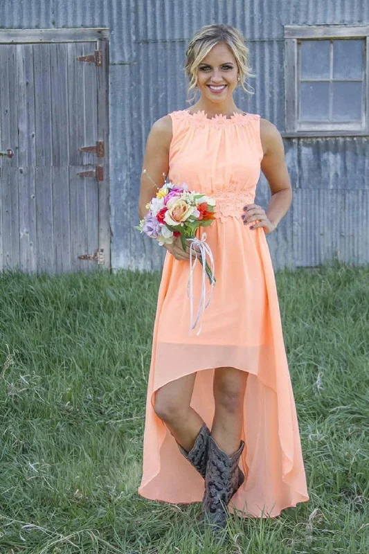 Custom Gown Custom Order High Low Peach Long Bridesmaid Dress with Appliques