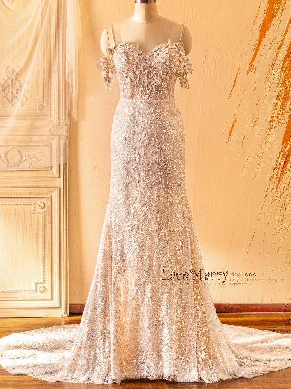 Vintage Lace Dress DANICA / Gorgeous Sequin Wedding Dress with Off the Shoulder Floral Straps Vintage Lace Dress DANICA / Gorgeous Sequin Wedding Dress with Off the Shoulder Floral Straps