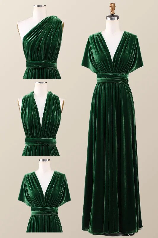 Regal Gown Dark Green Velvet A-line Long Convertible Bridesmaid Dress