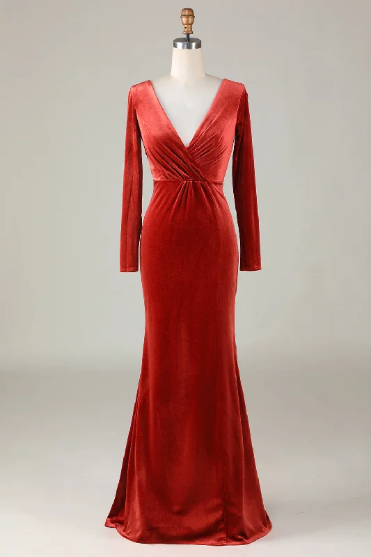 Custom Gown Deep V-Neck Terracotta Long Sleeves Mermaid Bridesmaid Dress