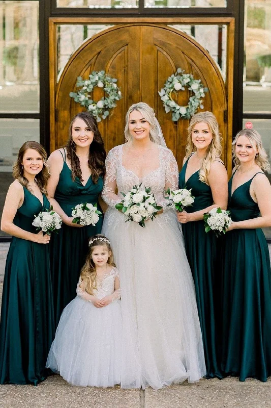 Sparkle Ball Gown Double Straps Dark Green A-Line Bridesmaid Dress