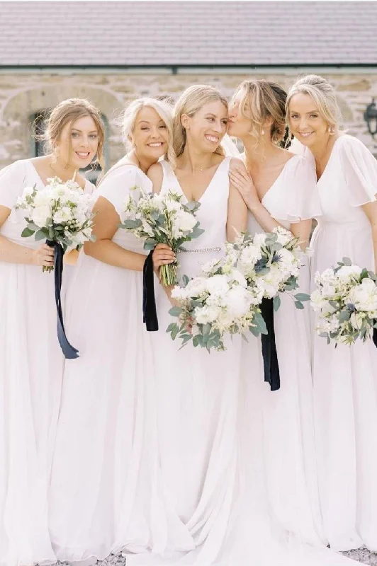 Floral Gown Double V-Neck White Short Sleeves Chiffon Bridesmaid Dress