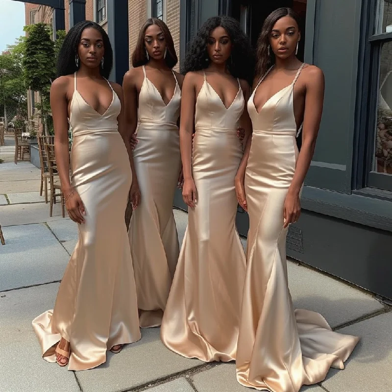 Timeless Dress HB8101 - Mermaid Bridemamid Dresses V Neck Spaghetti Straps Long Wedding Guest Dress