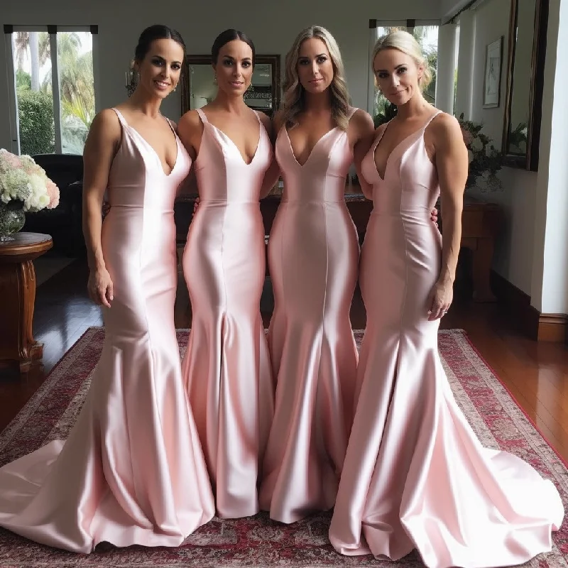 Handmade Dress HB8103 -Pink Sexy V Neck Sheath/Column Mermaid Pleats Ruched Straps Bridemaid Dresses