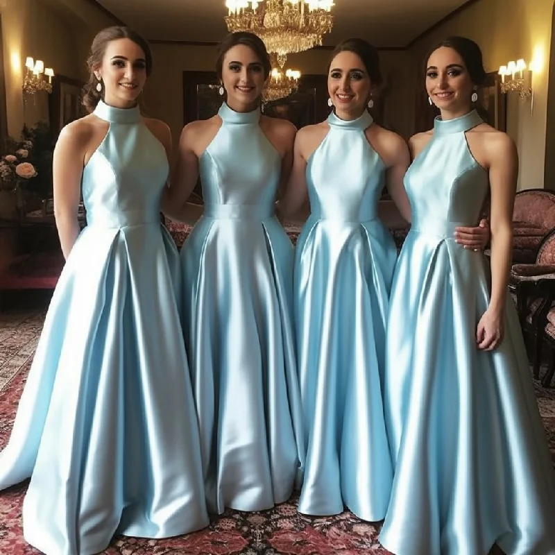 Custom Gown HB8104 - A-Line Halter Floor-Length  Satin Long Bridemaid Dresses with Pockets
