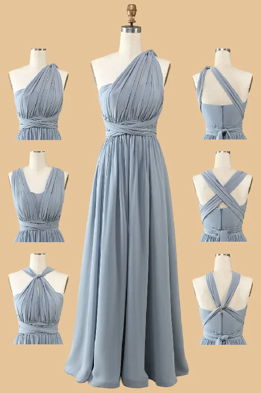 Dreamy Wedding Gown Dusty Blue A-line Chiffon Long Convertible Bridesmaid Dress