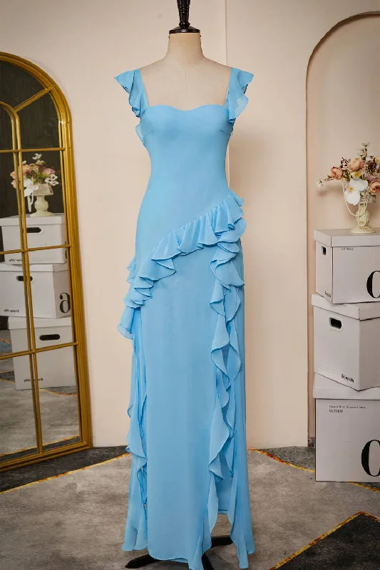 Minimalist Gown Elegant Blue Ruffle Slit Chiffon Long Bridesmaid Dress