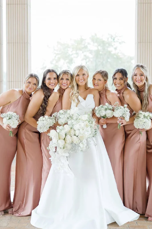 Off-Shoulder Dress Elegant High Neck Dusty Rose Long Bridesmaid Dress