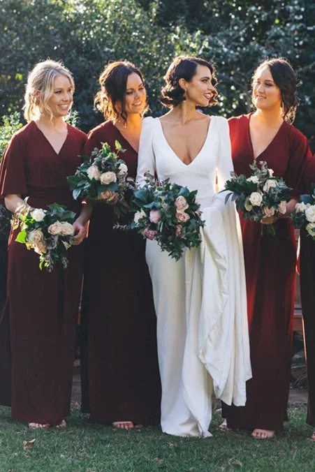 Scalloped Lace Dress Elegant Long Half Sleeves A-line Burgundy Bridesmaid Dress with Slit