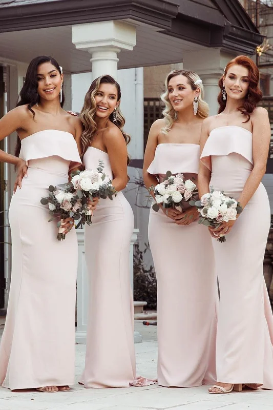 Tea-Length Dress Mermaid Floor-Length Strapless Pink Bridesmaid Dresses with Train