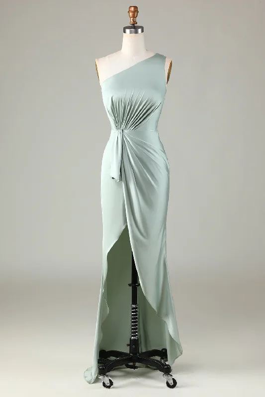 Timeless Dress Elegant One Shoulder Matcha Ruched  Long Bridesmaid Dress
