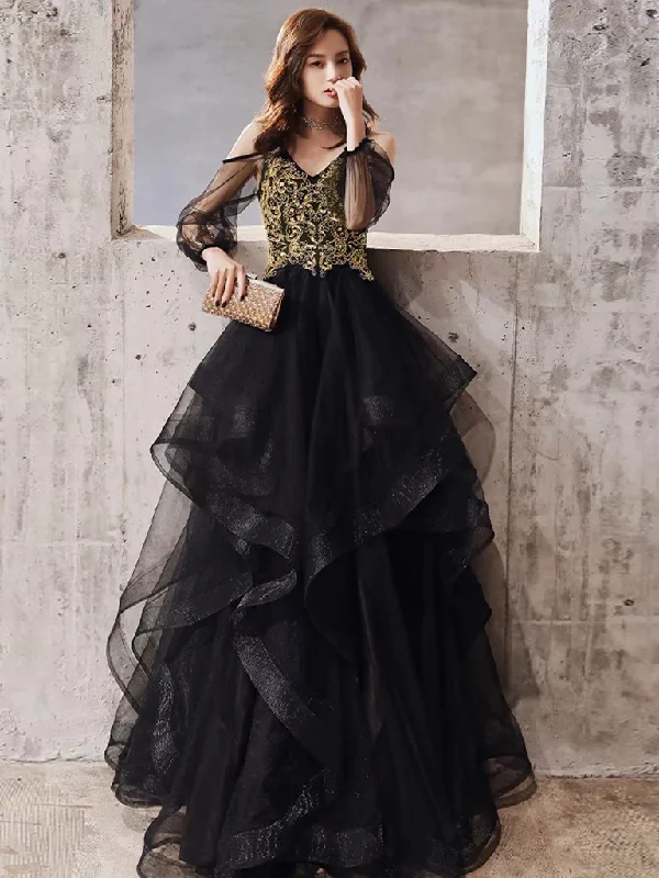 Contemporary Bridal Gown Black Long Sleeves Tulle Long Prom Dress with Gold Appliques,DP1090 Contemporary Bridal Gown Black Long Sleeves Tulle Long Prom Dress with Gold Appliques,DP1090