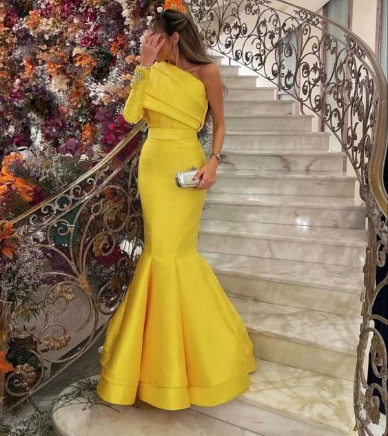 Vintage Lace Dress Yellow One Shoulder Satin Mermaid Formal Party Dress,DP1109
