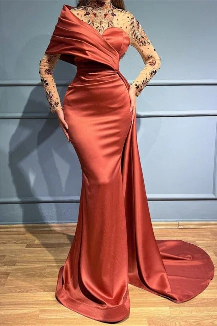 Classic Satin Dress Elegant Russet Long Sleeves Satin Prom Dress with Ruffles,DP1108