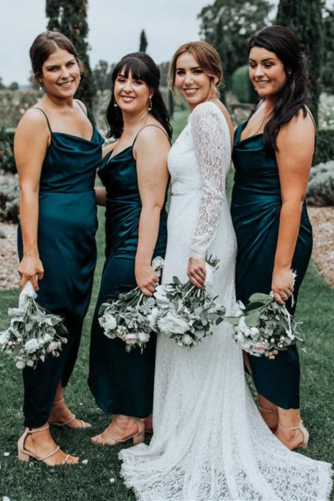 High-Fashion Wedding Gown Elegant Spaghetti Strap Dark Teal Bridesmaid Dress