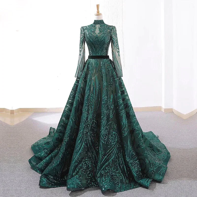 Tailored Wedding Dress Emerald Green Sequin Muslim Evening Dress Long Sleeves Party Dress,DP1092 Tailored Wedding Dress Emerald Green Sequin Muslim Evening Dress Long Sleeves Party Dress,DP1092