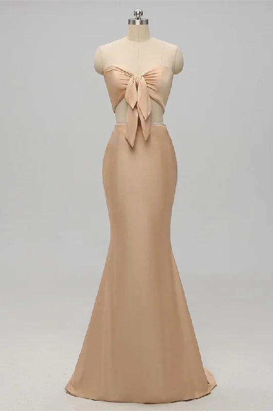 Backless Gown Elegant Two Piece Strapless Champagne Bridesmaid Dress