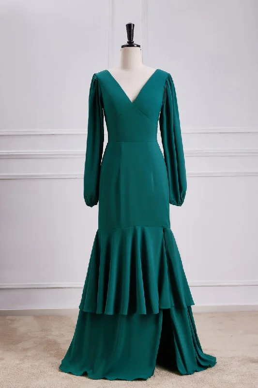 Sequin Wedding Gown Elegant V Neck Emerald Green Mermaid Skirt Slit Bridesmaid Dresses