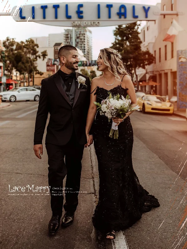 Tulle Gown ELI / Sparkling Black Wedding Dress with Thin Straps