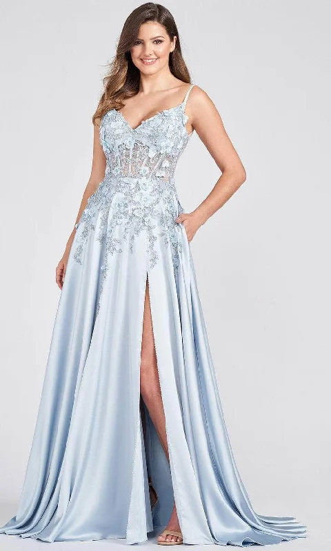 Luxury Gown Ellie Wilde - V-Neck Floral Lace Prom Gown EW122038 - 1 pc Dusty Blue In Size 8 Available Luxury Gown Ellie Wilde - V-Neck Floral Lace Prom Gown EW122038 - 1 pc Dusty Blue In Size 8 Available
