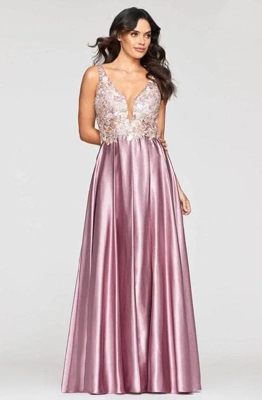 Short Sleeve Dress Faviana - S10442 Floral Applique Sleeveless V-neck Long Dress