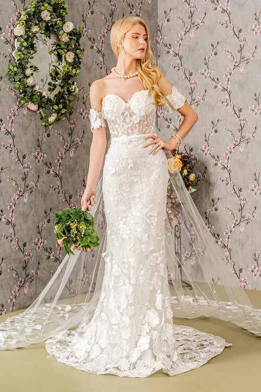 Floral Embroidery Mesh Mermaid w/ Long Back Drape Long Wedding Dress GLGL3424