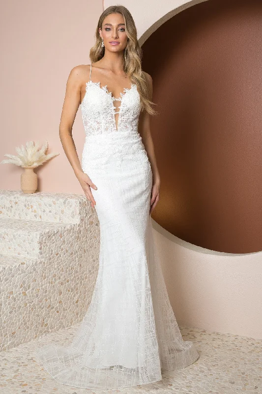 Glittery Deep V-Neck Bodice Trumpet Skirt Long Wedding Dress NXR282-1W Sale