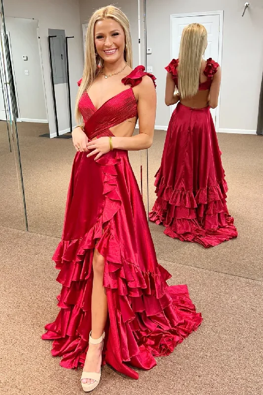 Romantic Lace Dress Red Cutout A-Line Backless Ruffles Long Prom Dress with Slit,DP1293 Romantic Lace Dress Red Cutout A-Line Backless Ruffles Long Prom Dress with Slit,DP1293