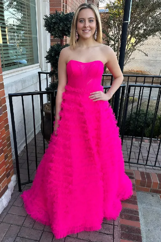 Sophisticated Dress Hot Pink Strapless Tulle Tiered A-Line Long Prom Dress,DP1291
