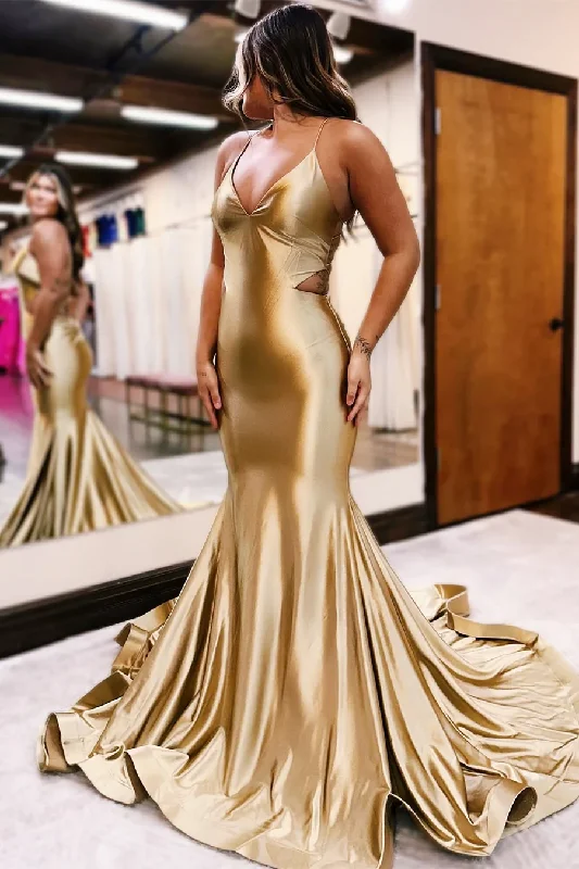 Garden Wedding Dress Gold V-Neck Lace-Up Mermaid Long Formal Dress,DP1292
