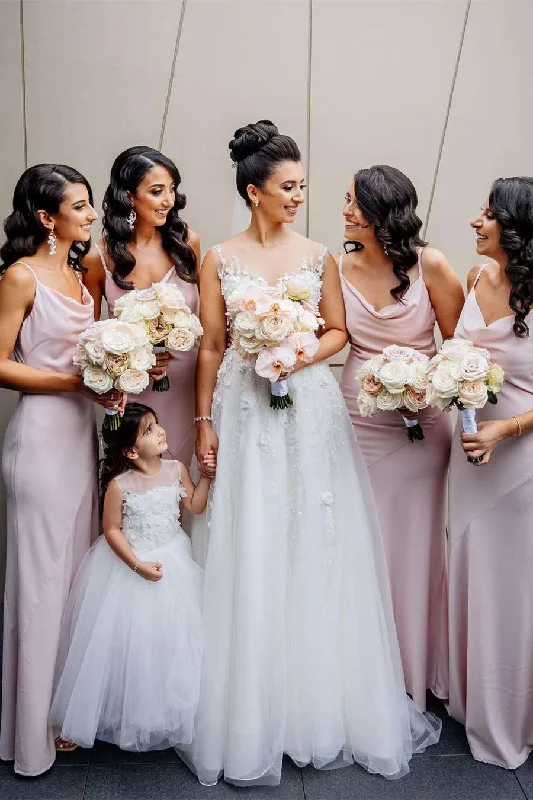 Timeless Lace Dress Gorgous Pink Slip Long Bridesmaid Dress with Spaghetti Straps