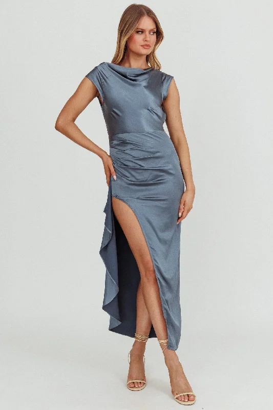 Chic Minimalist Dress Grecian Cap Sleeve Cowl Back Dress Steel Blue