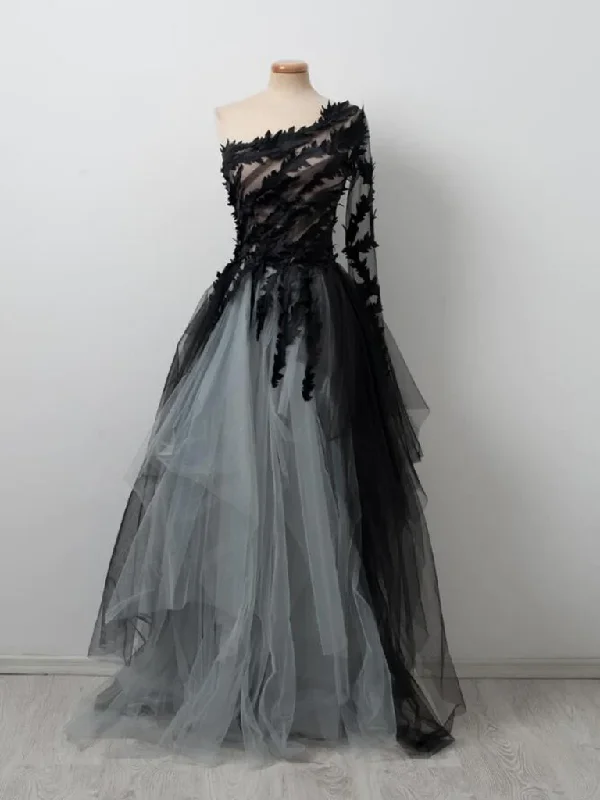 Sophisticated Dress Black and Gray Tulle Lace One Shoulder Long Prom Dresses,DP1095 Sophisticated Dress Black and Gray Tulle Lace One Shoulder Long Prom Dresses,DP1095