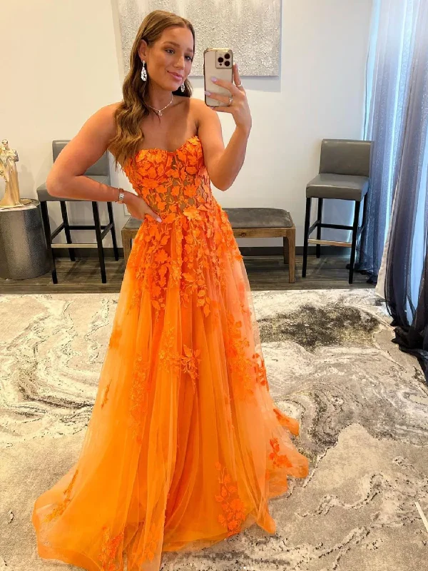 Minimalist Crepe Dress Orange Strapless A-Line Tulle Appliques Long Prom Dress,DP1084