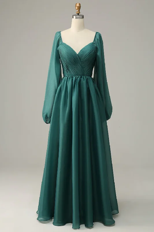 High Neck Dress Green A-Line Long Sleeves Formal Prom Dress,DP1104