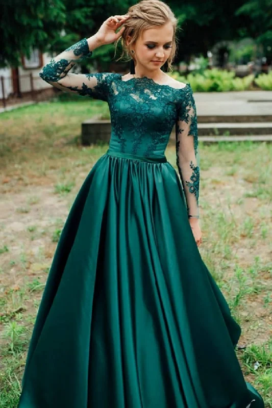 Traditional Gown Green Off-The-Shoulder Satin Lace Long Sleeves Evening Dress,DP1105 Traditional Gown Green Off-The-Shoulder Satin Lace Long Sleeves Evening Dress,DP1105