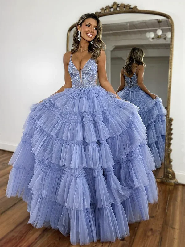 Satin Dress Lavender V Neck Tulle Tiered Long Prom Dress Evening Gown,DP1079