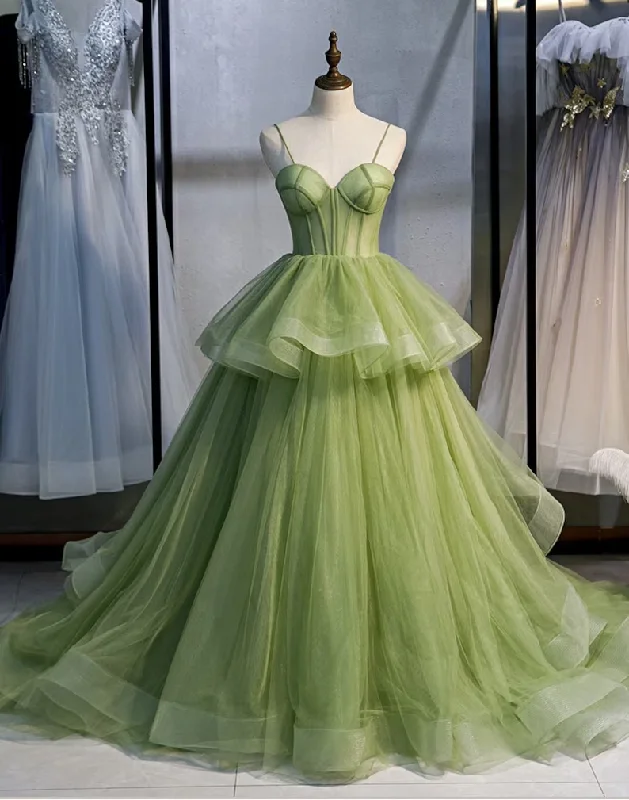 Couture Dress Green Spaghetti Straps Tulle Long Prom Dress Evening Gown,DP1078