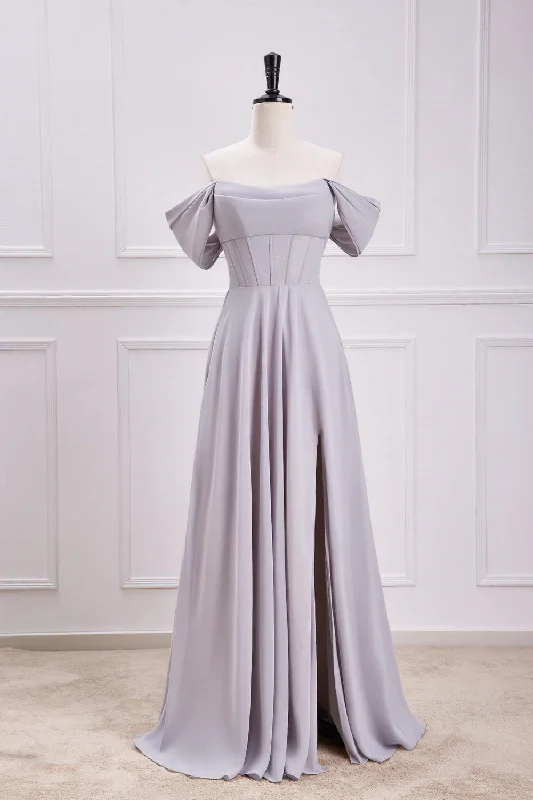 Asymmetrical Hem Dress Grey Off the Shoulder Chiffon A-Line Bridesmaid Dress