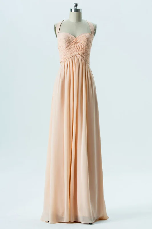 Feathered Gown Halter Peach Bridesmaid Dress with Criss Cross Straps