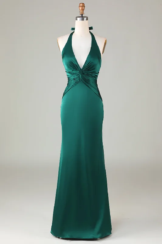 Off-Shoulder Dress Halter Emerald Green Ruched Mermaid Bridesmaid Dress