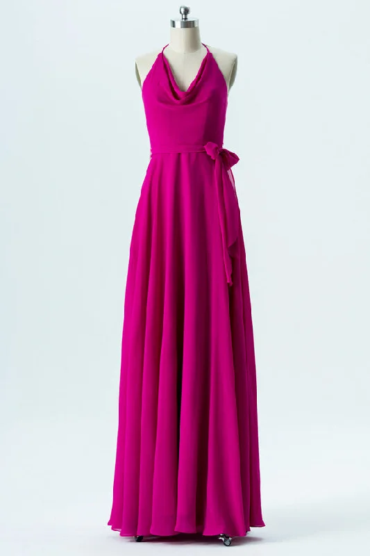 Halter Fuchsia Backless Long Bridesmaid Dress with Bow