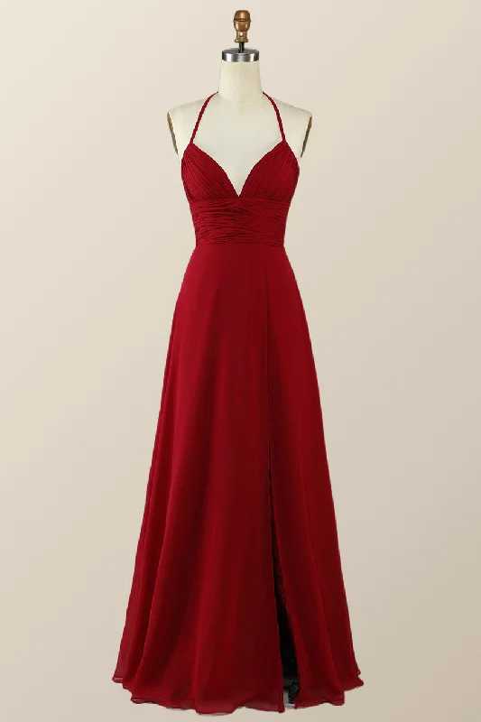 Backless Gown Halter Red Pleared Long Bridesmaid Dress with Slit