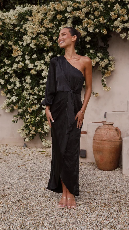 Pleated Gown Heidi One Shoulder Maxi Dress - Black